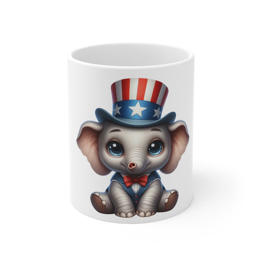 Cute Patriotic Elephant Coffee Mug – Uncle Sam Elephant Mug – Red White Blue Baby Elephant Cup – Adorable USA Gift Mug 11oz