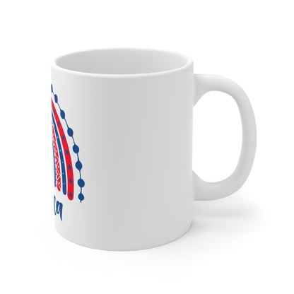 Merica Coffee Mug – Whimsical Patriotic Rainbow Sunflower Design – Cute USA Mug – Red White Blue Americana Gift Mug 11oz