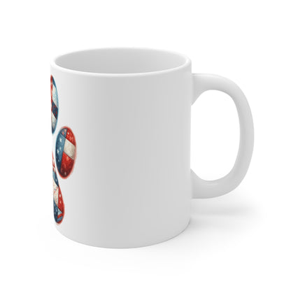 Patriotic Mosaic Dog Paw Coffee Mug – Americana Quilt Patch Paw Print Mug – Red White Blue Dog Lover Mug – USA Pet Gift Cup Patriotic Quilted Paw 11oz Mug — Red White Blue Dog Lover Gift