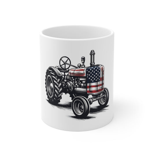 Vintage Patriotic Tractor Coffee Mug – Classic American Flag Farm Tractor Mug – Retro USA Heritage Cup – Farmer Gift Mug – Rustic Americana Tractor Mug Mug 11oz