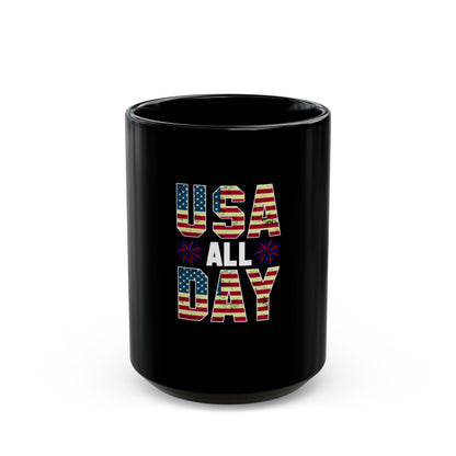 USA All Day Coffee Mug – Patriotic USA Mug – 4th of July Fireworks Cup – Red White Blue Vintage Flag Design USA All Day Mug — Patriotic American Flag Coffee Cup for 4th of July - 11 oz Mug