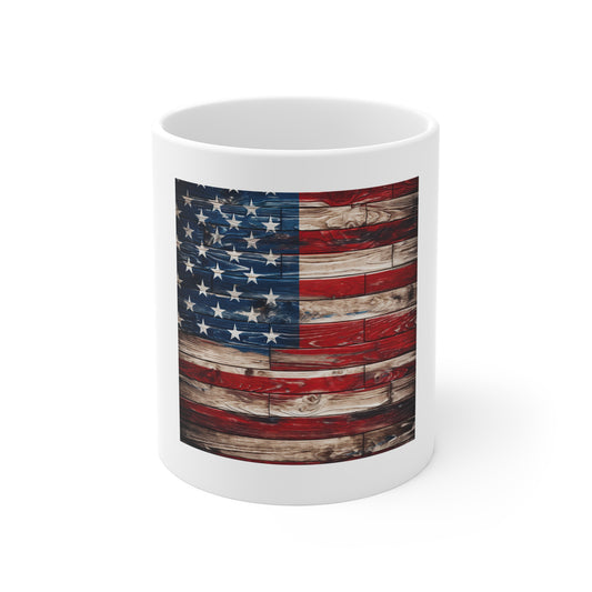 American Flag Rustic Wood 11oz Mug — Vintage Patriotic Coffee Cup for Fourth of July, Veterans Day, Gifts