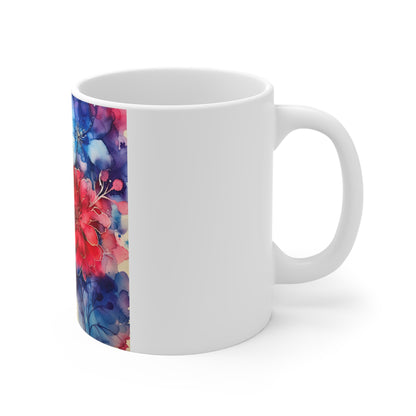 Patriotic Floral Garden Coffee Mug – Red White Blue Watercolor Flower Mug – Rich Americana Bloom Cup – Elegant Artistic Gift Watercolor Floral Mug — Pink & Blue Bloom 11oz Ceramic Coffee Cup