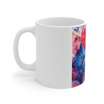 Patriotic Floral Garden Coffee Mug – Red White Blue Watercolor Flower Mug – Rich Americana Bloom Cup – Elegant Artistic Gift Watercolor Floral Mug — Pink & Blue Bloom 11oz Ceramic Coffee Cup