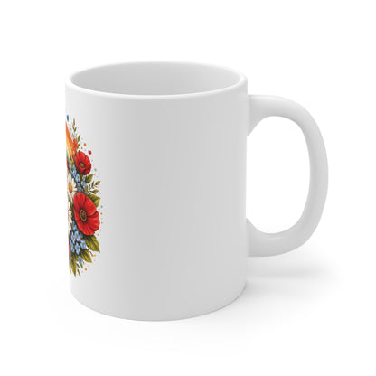 Patriotic Floral American Flag Mug – Red White Blue Daisy & Poppy Coffee Mug – USA Garden Style Mug – Americana Gift Mug 11oz