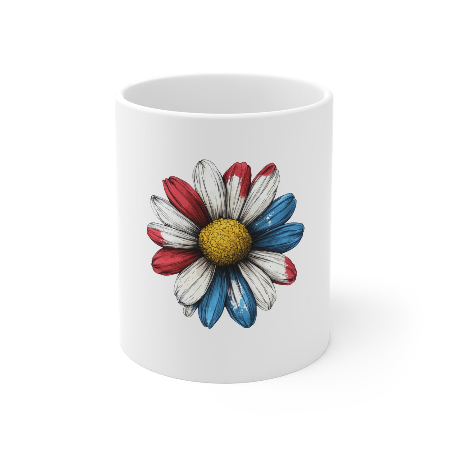Patriotic Daisy Coffee Mug — Red White & Blue Floral 11oz Ceramic