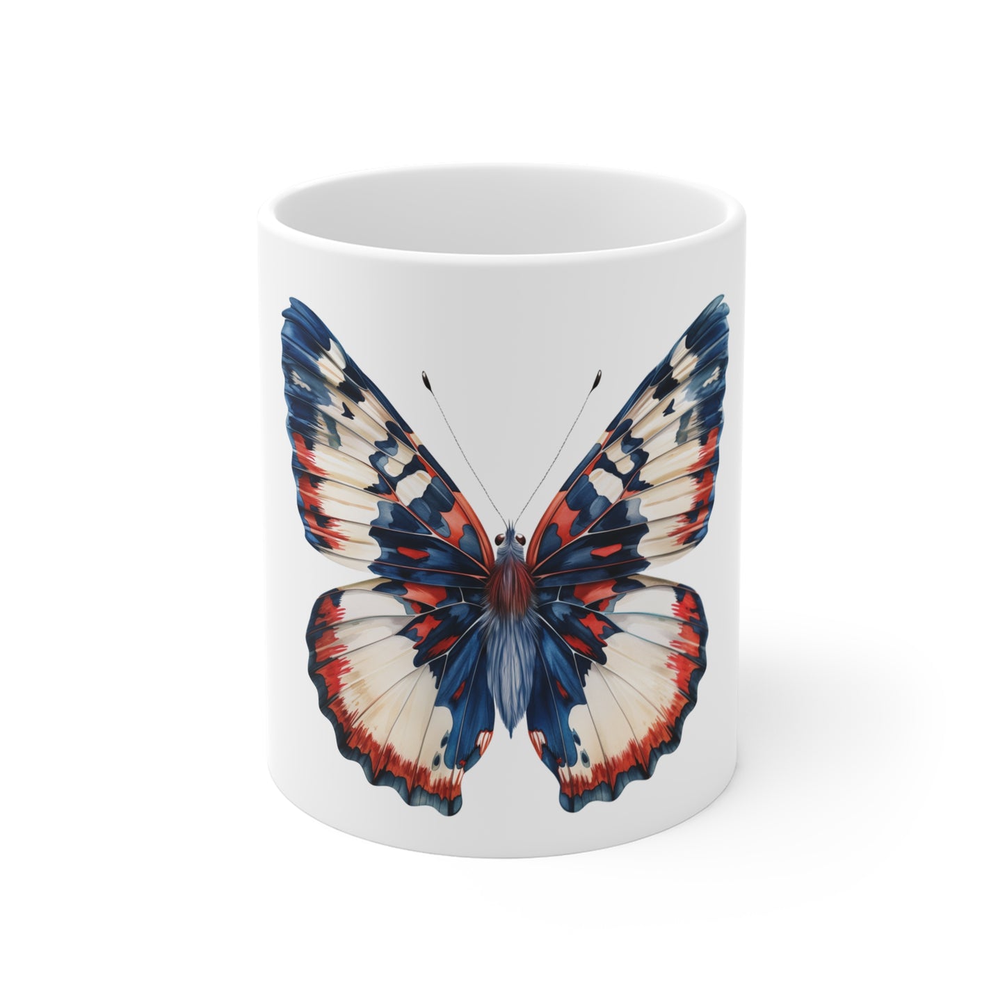 Patriotic Soft Blend Butterfly Mug – Red White Blue Gradient Butterfly Coffee Mug – Elegant Americana Nature Art Cup – USA Gift Mug Mug 11oz