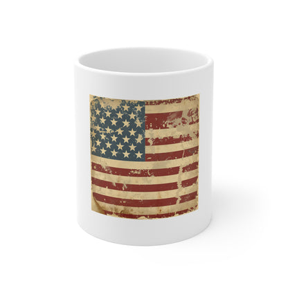 Vintage American Flag Coffee Mug – Antique Style USA Flag Mug – Distressed Patriotic Mug – Rustic Americana Gift – Classic USA Cup
