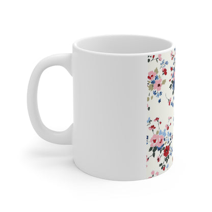 Vintage Patriotic Floral Coffee Mug – Red White Blue Garden Mug – Americana Cottage Flower Mug – Soft Botanical USA Cup Floral Vintage Ditsy Pattern Mug — 11oz Ceramic Coffee Cup