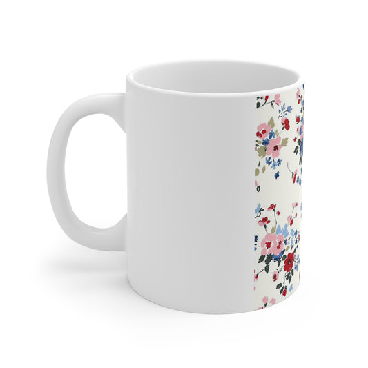 Vintage Patriotic Floral Coffee Mug – Red White Blue Garden Mug – Americana Cottage Flower Mug – Soft Botanical USA Cup Floral Vintage Ditsy Pattern Mug — 11oz Ceramic Coffee Cup