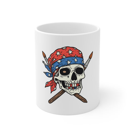 Skull & Paintbrush Mug — Artist Pirate Coffee Cup with American Bandana