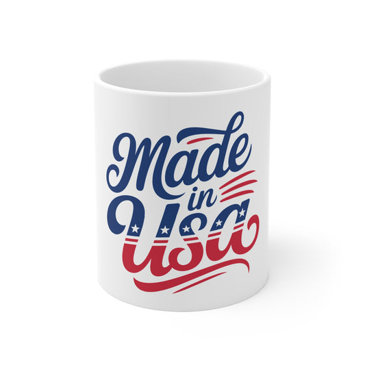 Made in USA Script Coffee Mug – Patriotic Hand Lettered USA Mug – Modern Americana Typography Cup – USA Pride Gift Mug Made in USA Ceramic Mug — Patriotic Red White Blue 11oz