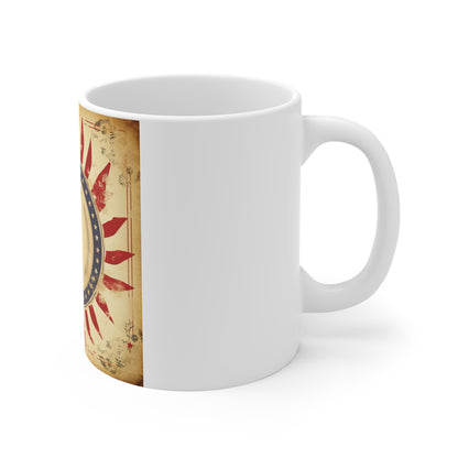 Vintage Patriotic Emblem Coffee Mug – Retro Americana Badge Mug – Distressed USA Star Circle Cup – Rustic Patriotic Design Mug Vintage Patriotic Sunburst Mug – Americana 11oz Coffee Cup