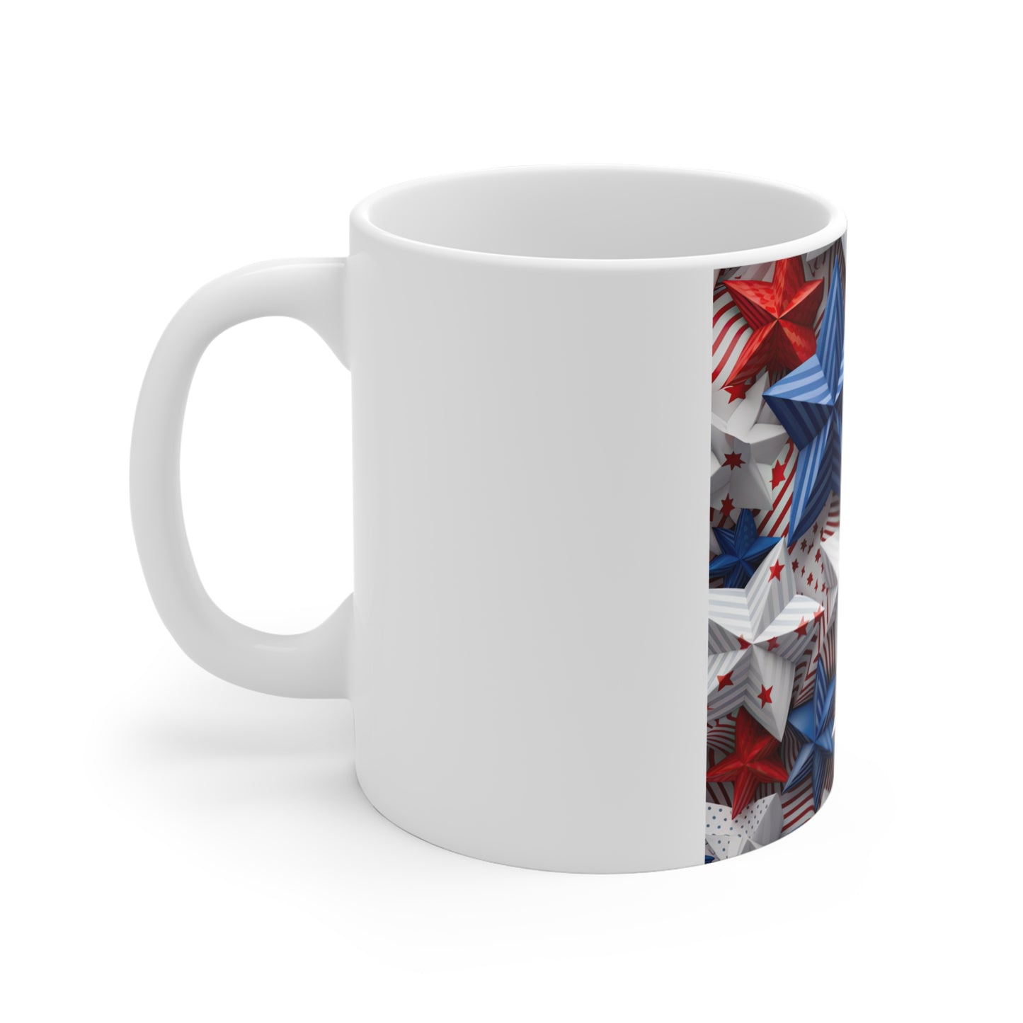 3D Patriotic Star Cluster Coffee Mug – Bold Red White Blue Star Pattern Mug – Layered Americana Starburst Design – USA Stars Mug 11oz