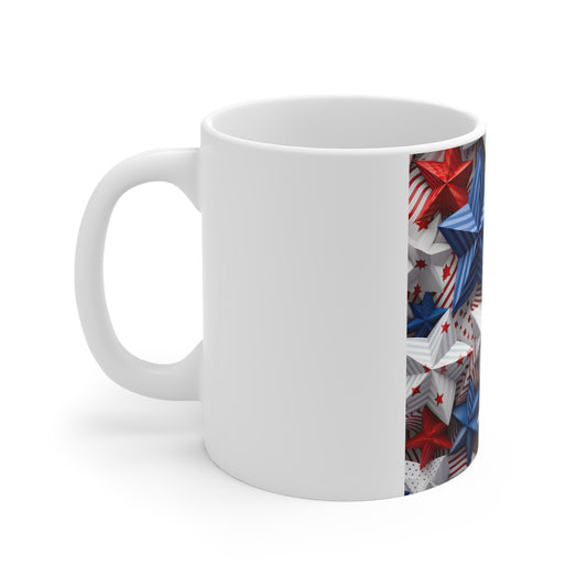 3D Patriotic Star Cluster Coffee Mug – Bold Red White Blue Star Pattern Mug – Layered Americana Starburst Design – USA Stars Mug 11oz