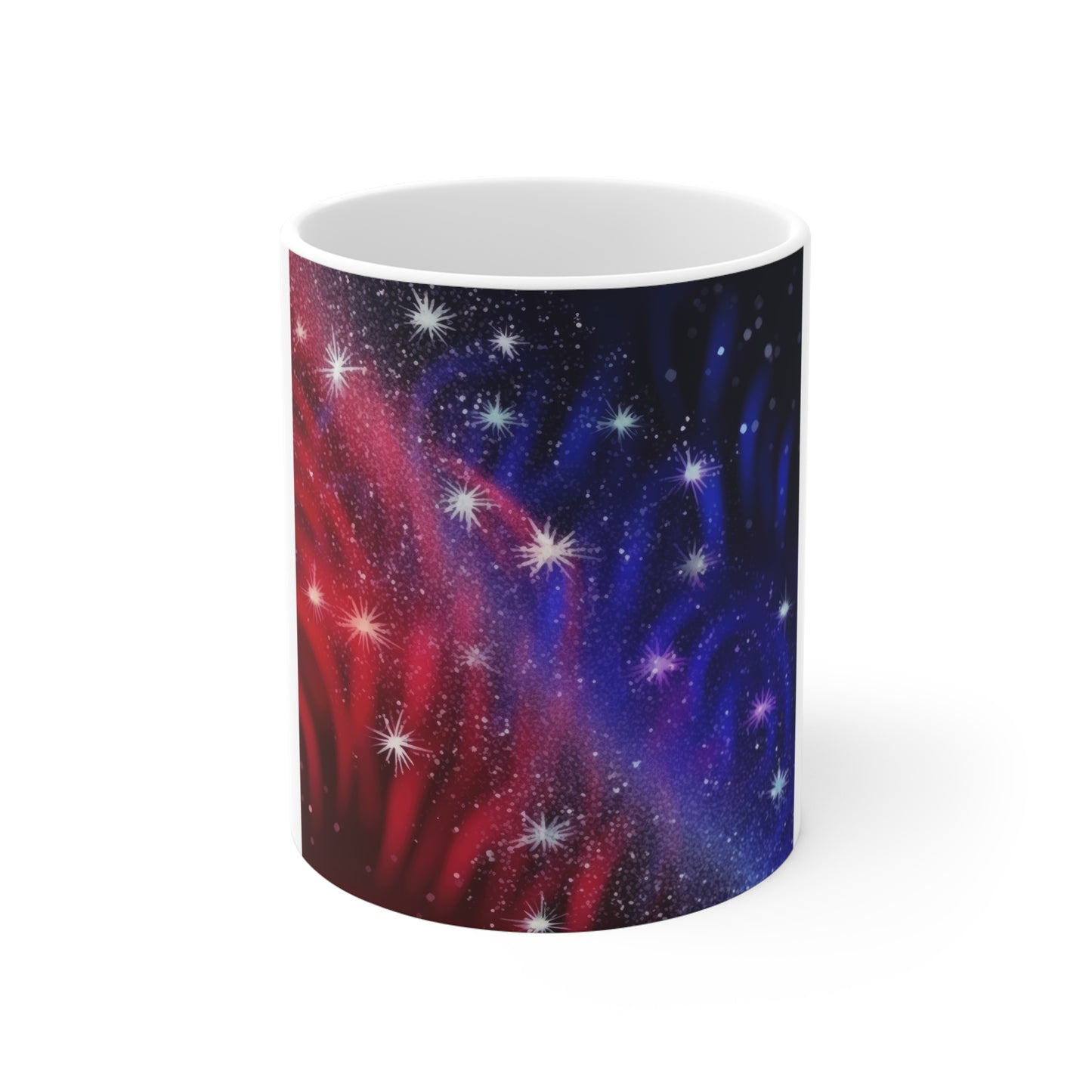Patriotic Starry Wave Coffee Mug – Red Blue Galaxy Mug – Sparkle Americana Cup – Cosmic USA Flag Design Galaxy Starfield 11oz Coffee Mug — Red & Blue Cosmic Space Design
