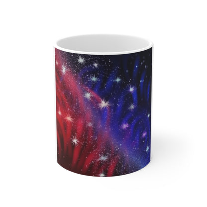 Patriotic Starry Wave Coffee Mug – Red Blue Galaxy Mug – Sparkle Americana Cup – Cosmic USA Flag Design Galaxy Starfield 11oz Coffee Mug — Red & Blue Cosmic Space Design