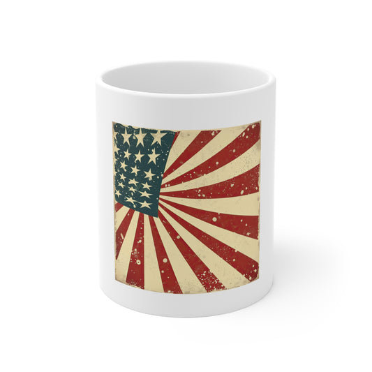 Retro American Flag Sunburst Coffee Mug – Vintage Patriotic USA Mug – Offset Stars & Stripes 11oz Ceramic Cup – Unique Americana Gift