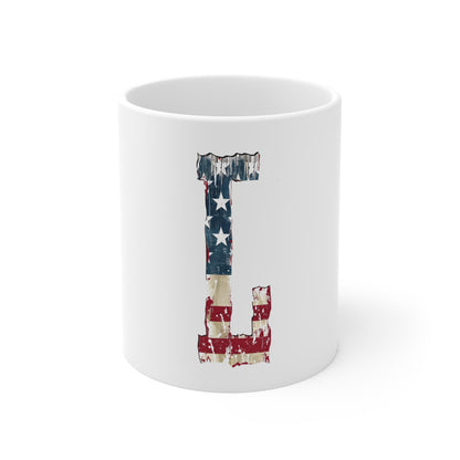 Patriotic Letter L Coffee Mug – American Flag Initial Mug – Rustic USA Monogram Mug – Vintage Americana Alphabet Gift Mug 11oz