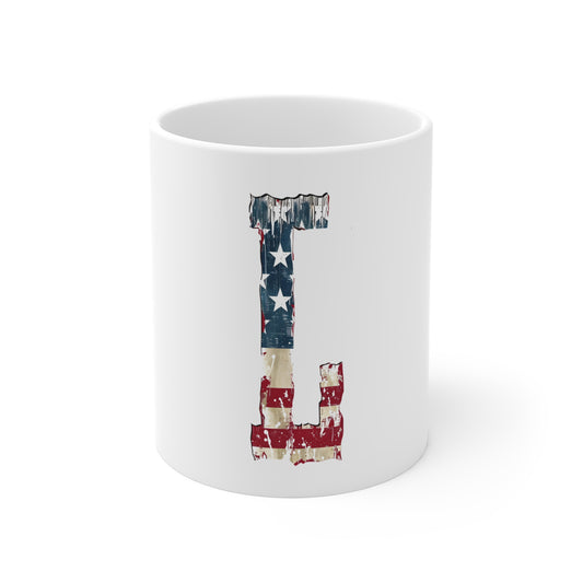 Patriotic Letter L Coffee Mug – American Flag Initial Mug – Rustic USA Monogram Mug – Vintage Americana Alphabet Gift Mug 11oz