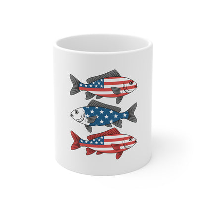 Patriotic Fish Mug — American Flag Fishing Coffee Cup (11oz)
