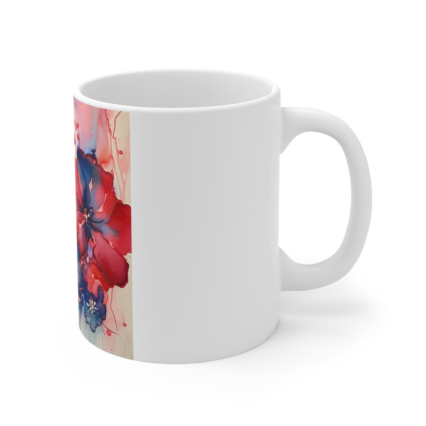 Patriotic Floral Splash Coffee Mug – Red Blue Watercolor Flower Mug – Modern Americana Bloom Cup – Artistic Gift Mug Floral Watercolor Mug 11oz — Red & Blue Bloom Coffee Cup
