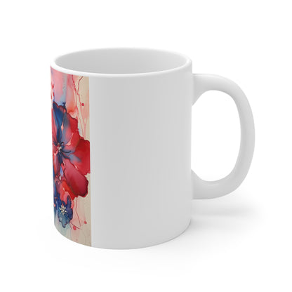 Patriotic Floral Splash Coffee Mug – Red Blue Watercolor Flower Mug – Modern Americana Bloom Cup – Artistic Gift Mug Floral Watercolor Mug 11oz — Red & Blue Bloom Coffee Cup