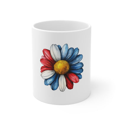 Patriotic Daisy 11oz Mug — Red White & Blue Floral Coffee Cup