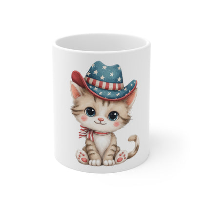Patriotic Cowboy Cat Coffee Mug – Cute Americana Kitten Mug – Red White Blue Hat Cat Mug – 4th of July Cat Lover Gift Patriotic Kitty Mug — Cute Cat with American Flag Cowboy Hat (11oz)