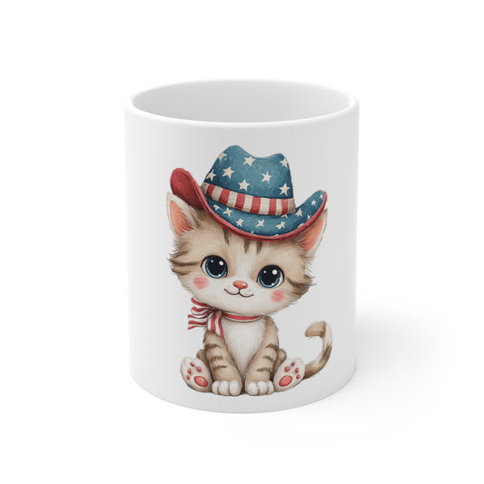 Patriotic Cowboy Cat Coffee Mug – Cute Americana Kitten Mug – Red White Blue Hat Cat Mug – 4th of July Cat Lover Gift Patriotic Kitty Mug — Cute Cat with American Flag Cowboy Hat (11oz)