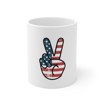 Patriotic Peace Sign Mug - American Flag Coffee Cup (11oz)
