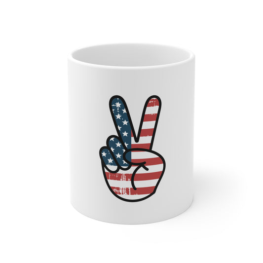 Patriotic Peace Sign Mug - American Flag Coffee Cup (11oz)