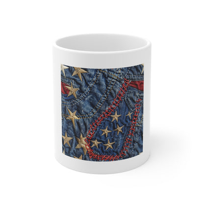 Distressed Denim American Flag Coffee Mug – Embroidered Stars & Stitched Patchwork USA Mug – Rugged Patriotic Jeans Design CupAmerican Flag Denim Patch Mug — Patriotic 11oz Coffee Cup