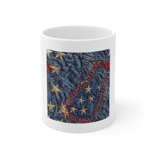 Distressed Denim American Flag Coffee Mug – Embroidered Stars & Stitched Patchwork USA Mug – Rugged Patriotic Jeans Design CupAmerican Flag Denim Patch Mug — Patriotic 11oz Coffee Cup
