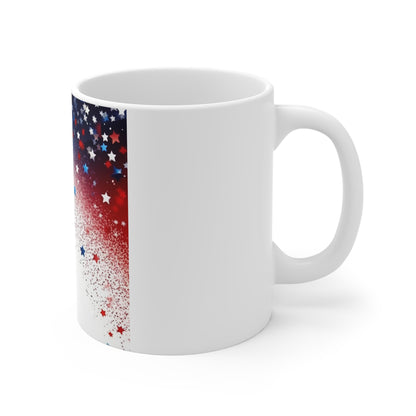Patriotic Star Confetti Coffee Mug – Red White Blue Glitter Mug – Minimal Americana Cup – Festive USA Sprinkle Design Patriotic Star Spray Mug — Red, White & Blue 11oz Coffee Cup
