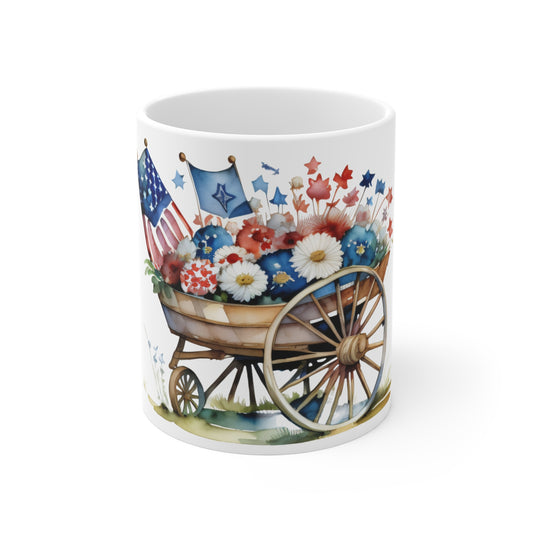 Patriotic Floral Wheelbarrow Mug – Americana Watercolor Garden Coffee Cup – Vintage Farmhouse USA Mug 11oz