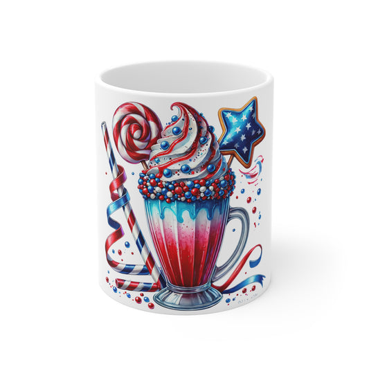 Patriotic Candy Sundae Coffee Mug – Red White Blue Ice Cream Mug – 4th of July Dessert Cup with Lollipop & Star Cookie Patriotic Red White & Blue Dessert Mug — 11oz Fourth of July Coffee Cup