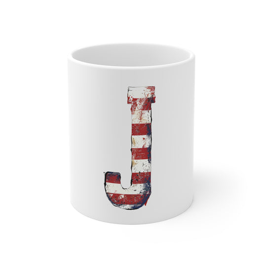 Patriotic Letter J Coffee Mug – American Flag Initial Mug – Rustic USA Monogram Mug – Vintage Americana Alphabet Gift Mug 11oz