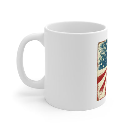 Retro American Flag Sunburst Coffee Mug – Vintage Patriotic USA Mug – Bold Stars & Stripes 11oz Ceramic Cup – Americana Gift