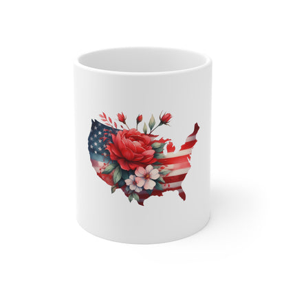 Floral USA Map Mug – Patriotic Rose 11oz Coffee Cup