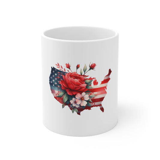 Floral USA Map Mug – Patriotic Rose 11oz Coffee Cup