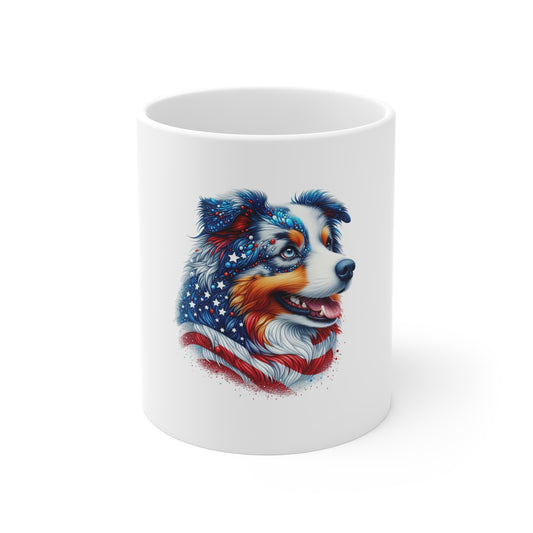 American Flag Australian Shepherd Mug — Patriotic Dog Coffee Cup 11oz