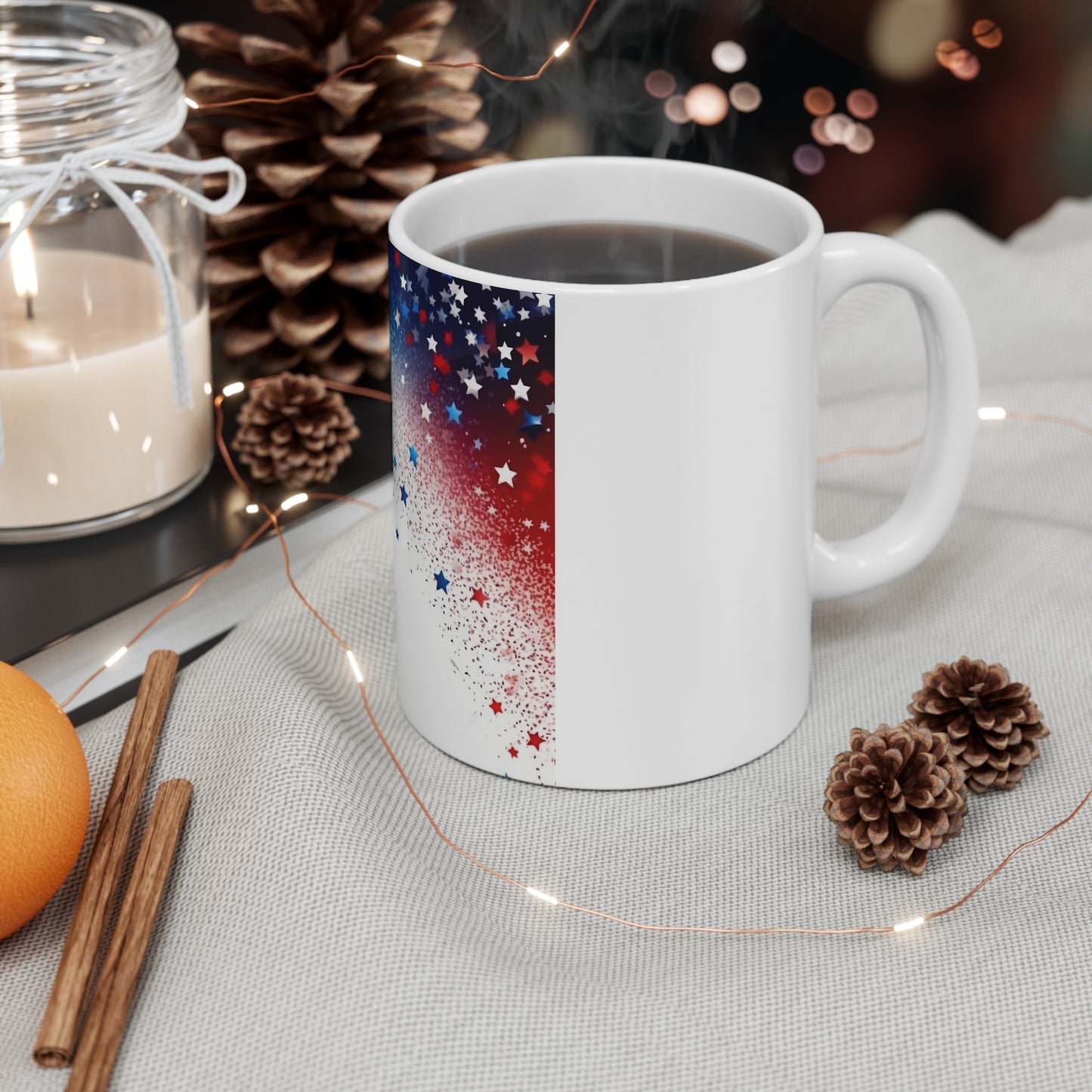 Patriotic Star Confetti Coffee Mug – Red White Blue Glitter Mug – Minimal Americana Cup – Festive USA Sprinkle Design Patriotic Star Spray Mug — Red, White & Blue 11oz Coffee Cup