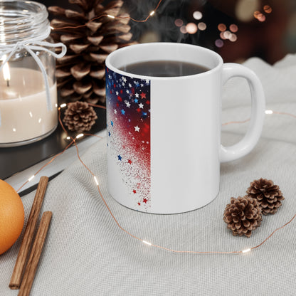 Patriotic Star Confetti Coffee Mug – Red White Blue Glitter Mug – Minimal Americana Cup – Festive USA Sprinkle Design Patriotic Star Spray Mug — Red, White & Blue 11oz Coffee Cup