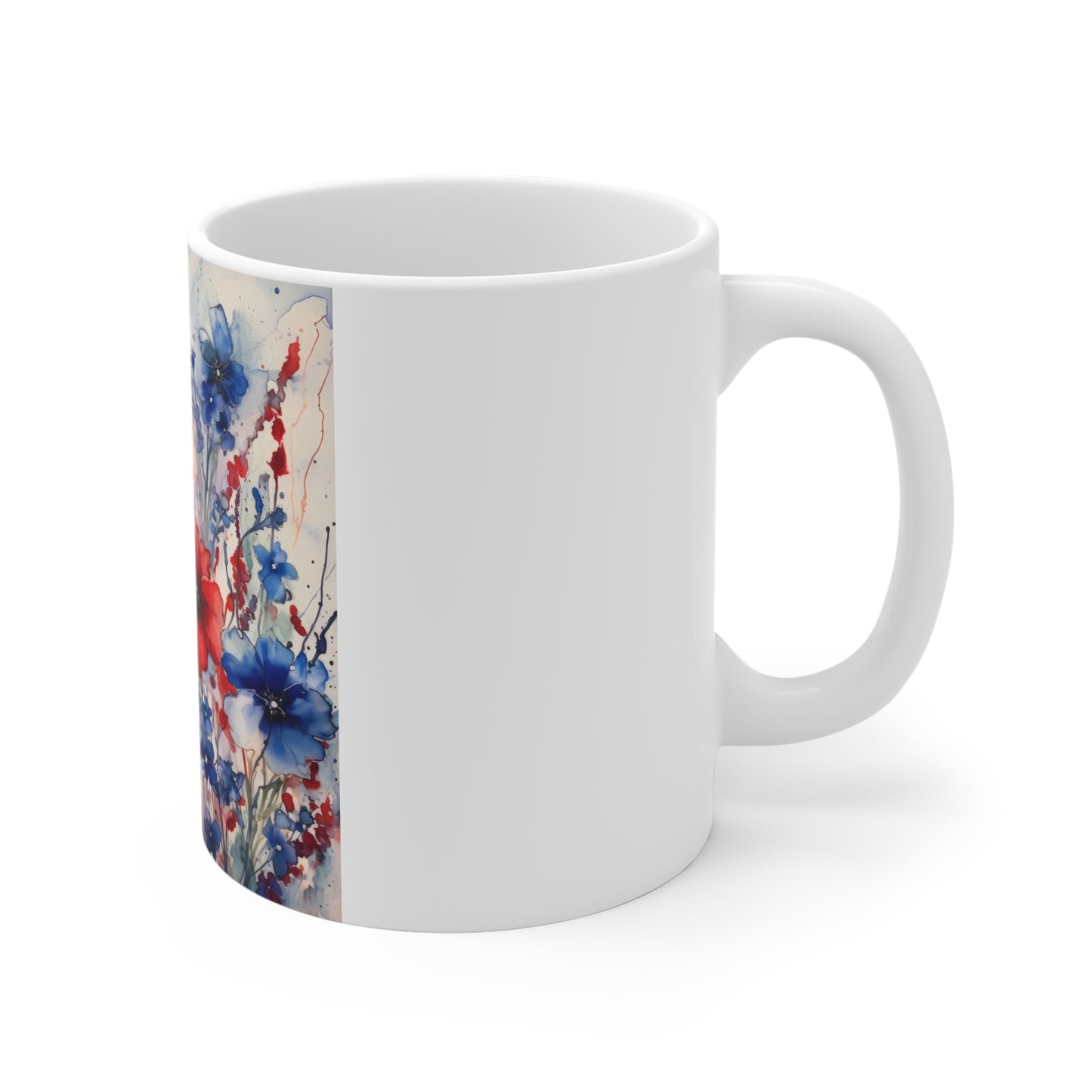 Patriotic Watercolor Floral Coffee Mug – Red Blue Wildflower Mug – Artistic Americana Bloom Cup – Abstract Botanical Gift Mug 11oz Red & Blue Floral Mug — Watercolor Poppy Coffee Cup