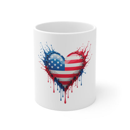 American Flag Heart Mug – Patriotic Drip Heart 11oz Coffee Cup