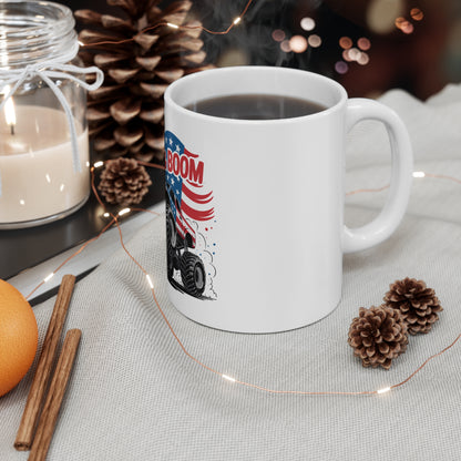 Red White & Boom Monster Truck Coffee Mug – Patriotic Off-Road Truck Mug – 4th of July Power Truck Cup – Bold Americana Gift Mug 11oz