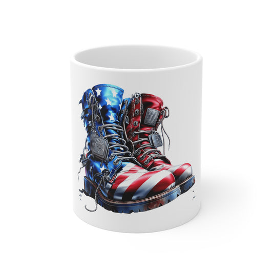 Patriotic Combat Boots Coffee Mug – American Flag Military Boots Mug – USA Veteran Tribute Cup – Bold Freedom Gift Mug 11oz