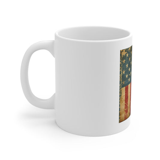 Vintage American Flag Coffee Mug – Antique Distressed USA Flag Mug – Rustic Patriotic Heritage Cup – Classic Americana Vintage Gift Vintage American Flag Mug — 11oz Patriotic Coffee Cup