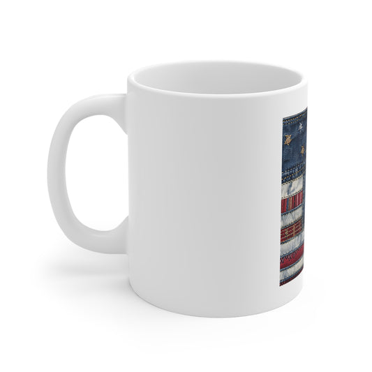 Denim American Flag Coffee Mug – Stitched Patriotic Jeans Design Mug – Rugged Americana Style Cup – USA Pride Gift for Men & Women — Rustic Patriotic 11oz Coffee Cup